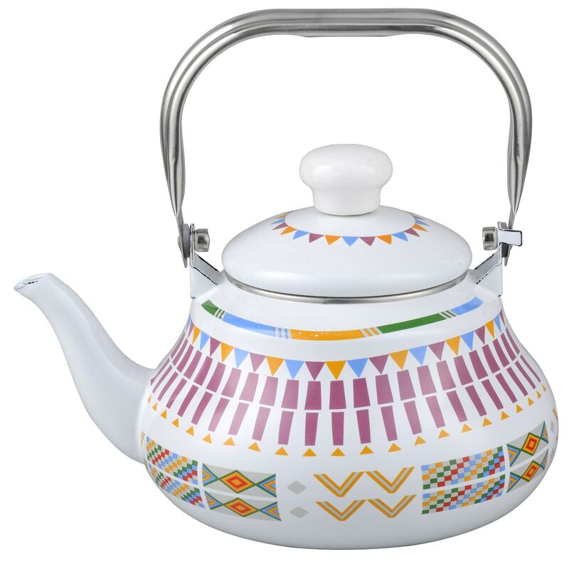 Enamel Pear Shape Tea Kettle Custom Decal Sports Theme Combining Aesthetic and Practical Features