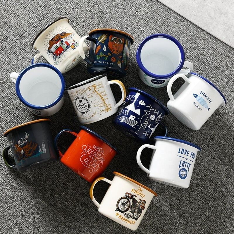 Rolled Rim 350ml Enamel Mug Custom Decal Printing Sports Theme Coffee Tea Mugs Lightweight Portable