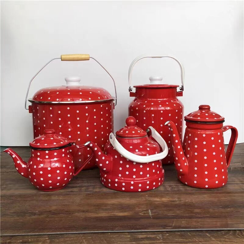 Enamel Sample 7-10 Days Full Decal Teapot Kettle Featuring Stylish Dots Pattern Suitable for Bulk Supply