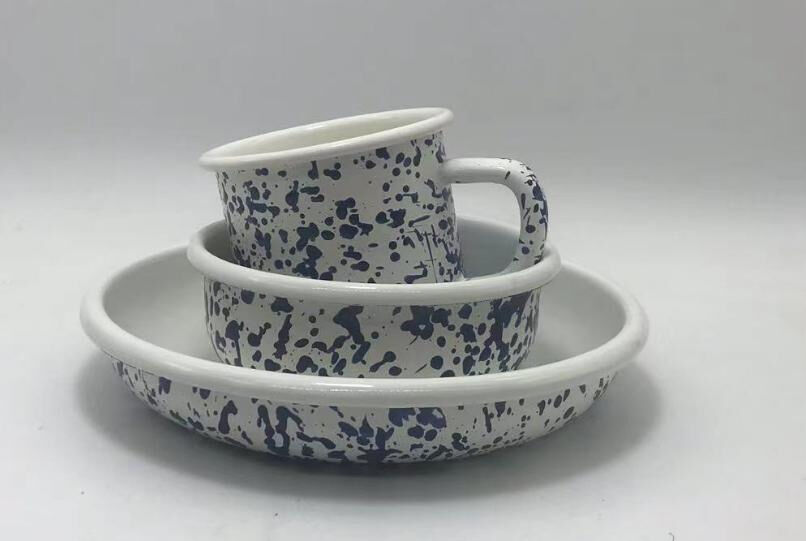 Handmade Enamel Rolled Edged Dinnerware Metal Tableware Plates Sets With Custom Decal and High Temperature Logo Printing