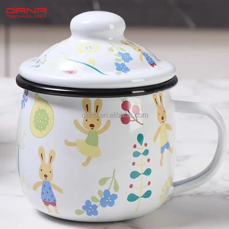 Classical Style 350ml Enamel Rolled Edge Mugs Metal Cups Belly Shape with Lid Lightweight and Stylish