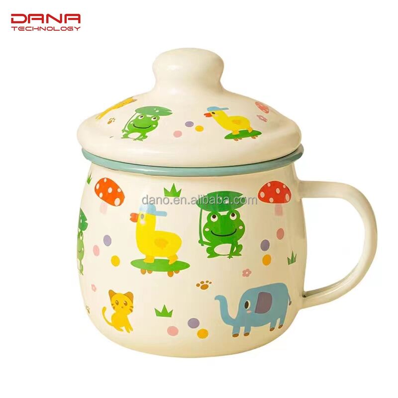 Classical Style 350ml Enamel Rolled Edge Mugs Metal Cups Belly Shape with Lid Lightweight and Stylish