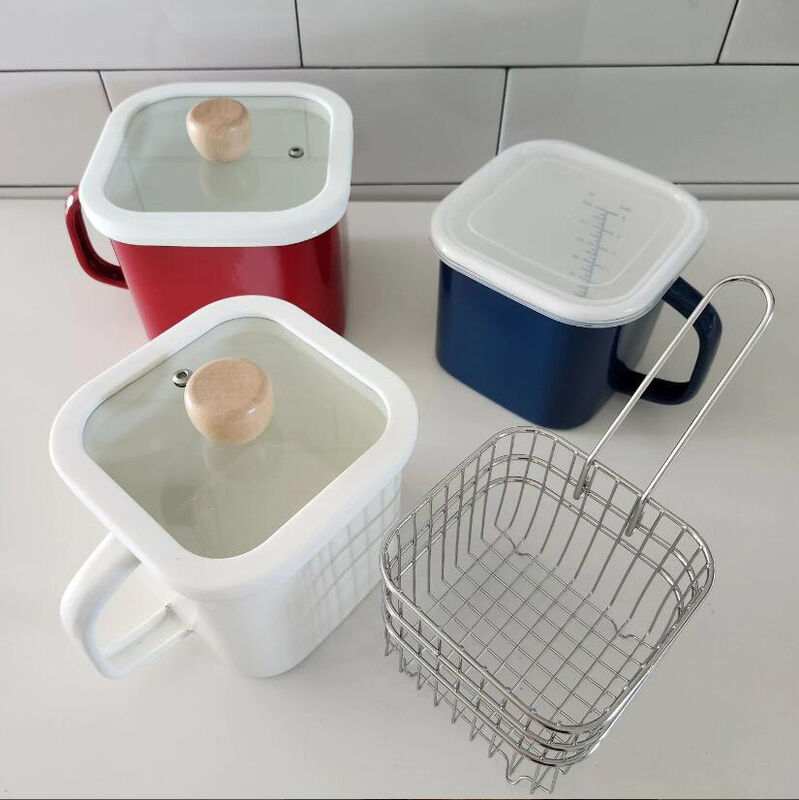 Handmade 12cm 14cm 15cm Enamel Cookware Square Enamel Noodle Pot Instant Noodle Cooking Pot Hot Pot Glass Lid