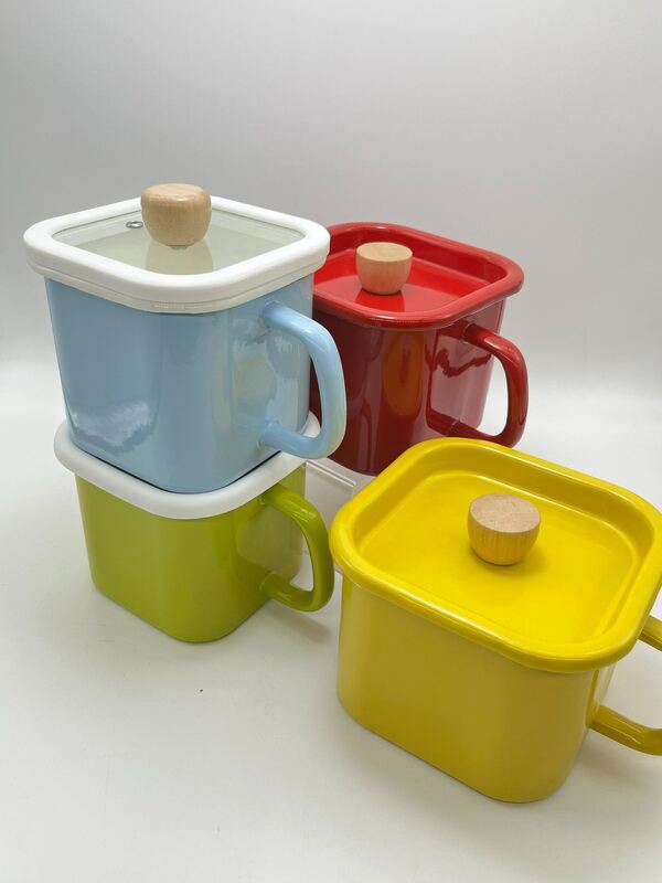 Carbon Steel Eco Friendly Enamelled Metal Square Noodle Pot Soup Pot Pasta Noodle Cereal Bowl Cup Lid Handle 12cm 14cm 15cm