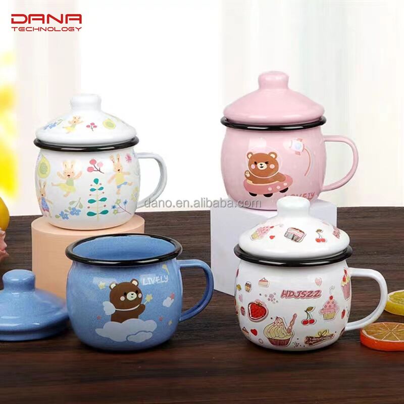 Classical Style Colorful Lovely Cute Cartoon Kids Gift Water Milk Mug Enamel Metal Steel Mugs High Temperature Logo Printing
