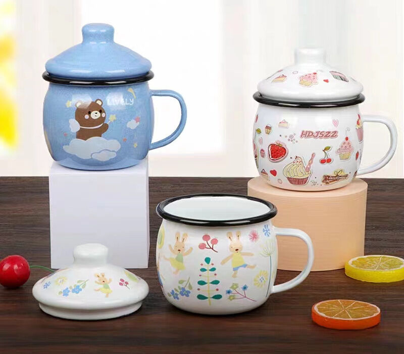 Classical Style Colorful Lovely Cute Cartoon Kids Gift Water Milk Mug Enamel Metal Steel Mugs High Temperature Logo Printing