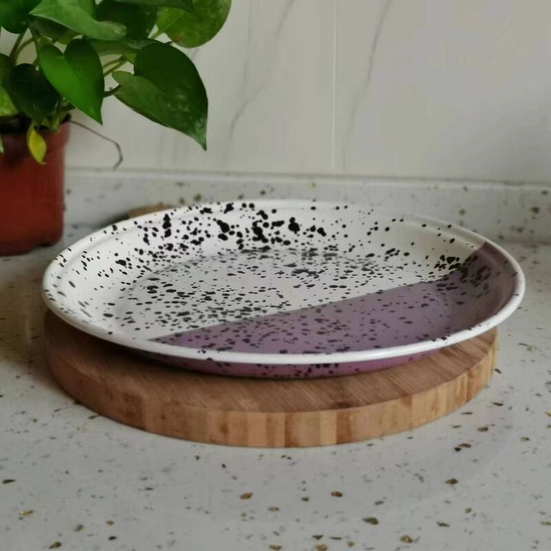 304 Steel Rim Enamel Dinner Plates White Round Cast Iron Steel Ware Plates Custom Logo