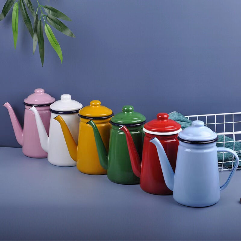 Customized Color Enamelled Metal Steel Long Mouth Tea Coffee Serving Pot 0.9L 1.2L 1.5L 2.1L for Parties Indoor Outdoor