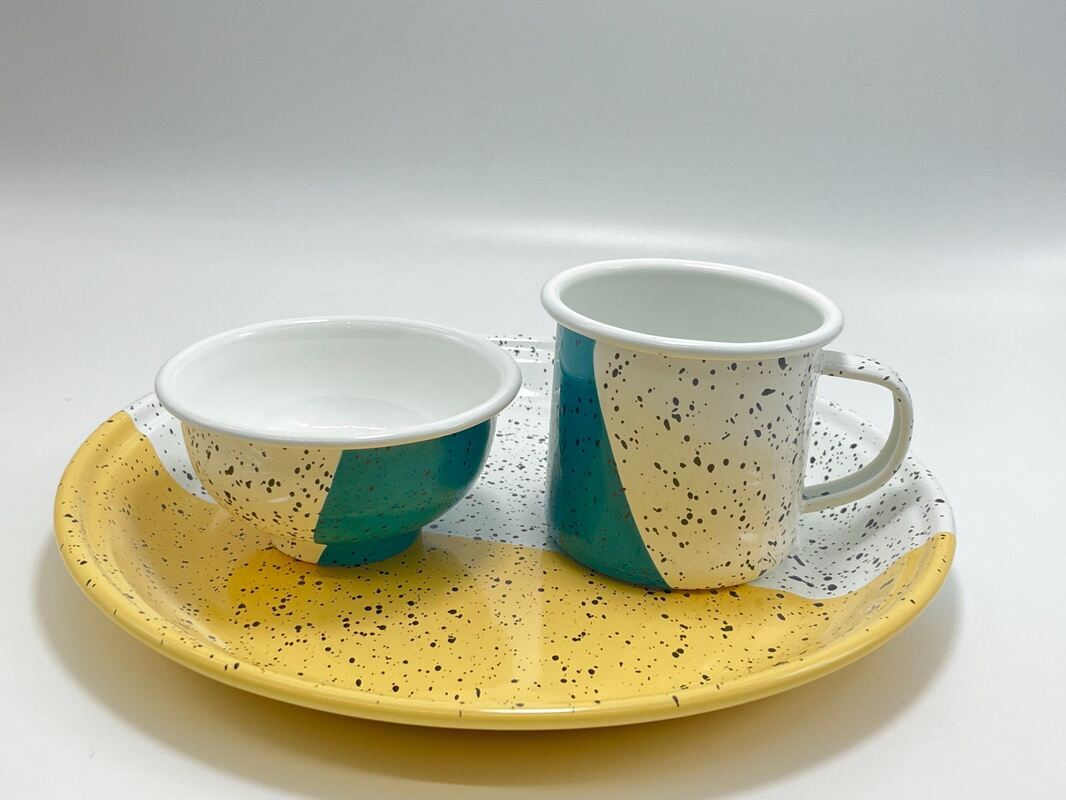 Thickness 05mm Carbon Steel Enamel Plate Bowl Mug Set Dinnerware Set Marble Speckle Coating Lightweight
