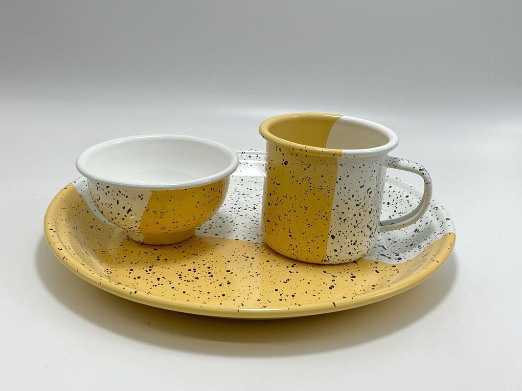 Thickness 05mm Carbon Steel Enamel Plate Bowl Mug Set Dinnerware Set Marble Speckle Coating Lightweight