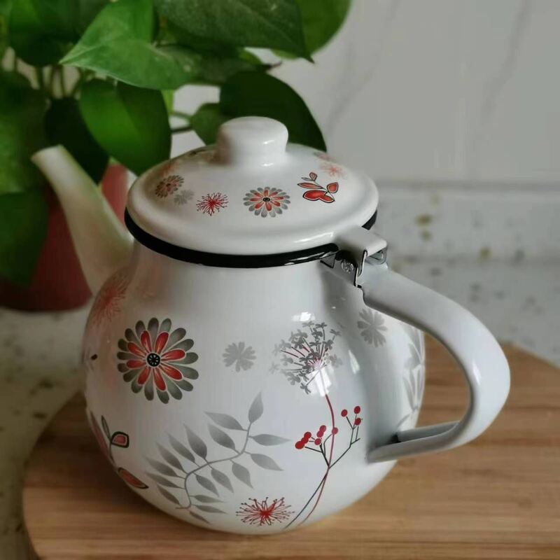 High Temperature Logo Printing Health Care Function Tea Kettle and Tea Pot Maker Round Shape Enamel Teapot with Lid