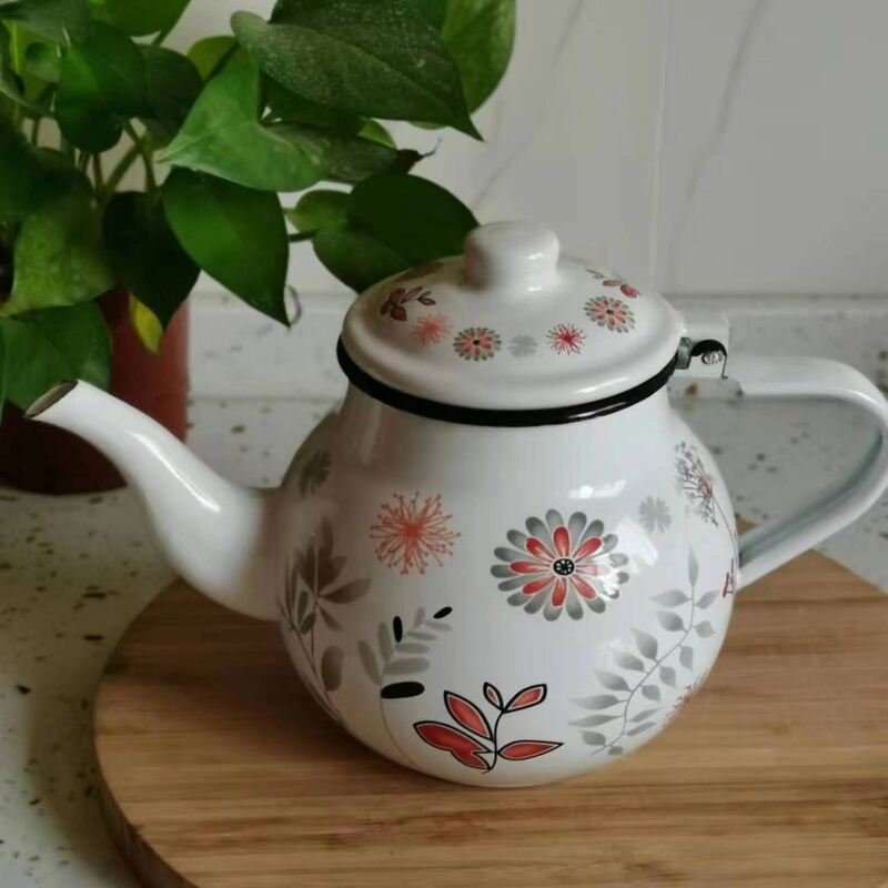 High Temperature Logo Printing Health Care Function Tea Kettle and Tea Pot Maker Round Shape Enamel Teapot with Lid