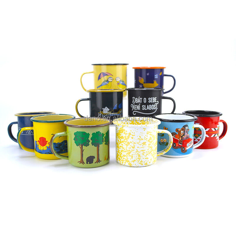 Enamel Coating Double Coating 0.5mm Thickness 16oz Travel Mug with Handle Custom Logo Print Coffee Tea Cups Outdoor