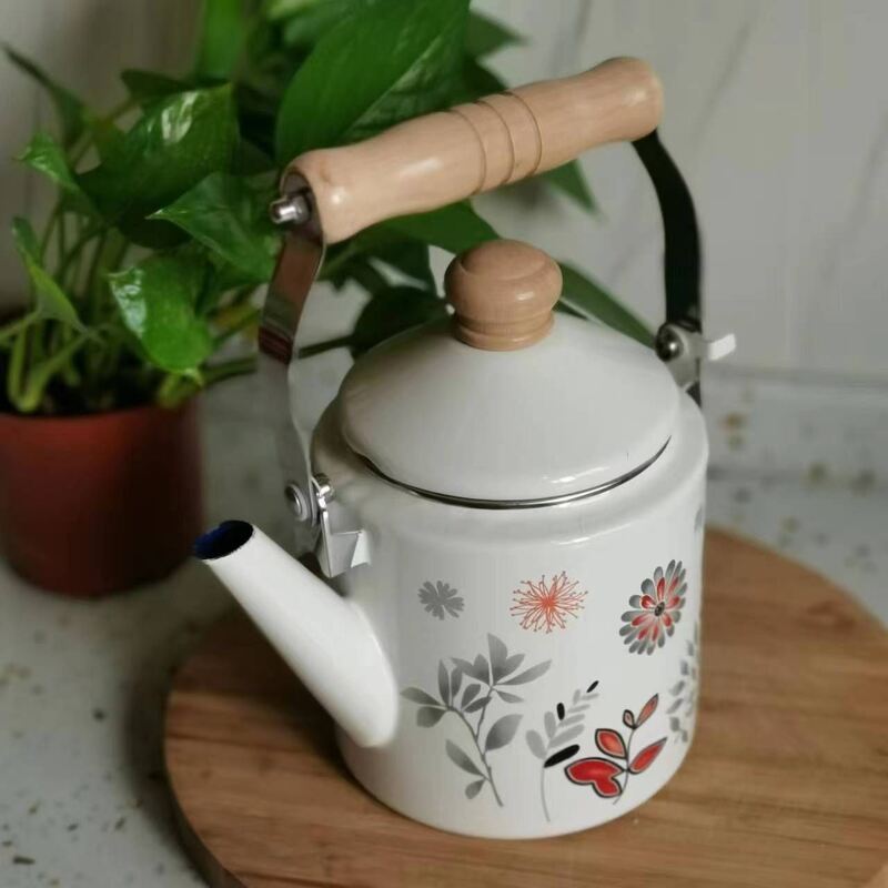 Thickness 0.8mm Enamel Cooling Kettle With Wooden Handle Capacity Variants 1200ml And 2000ml Included