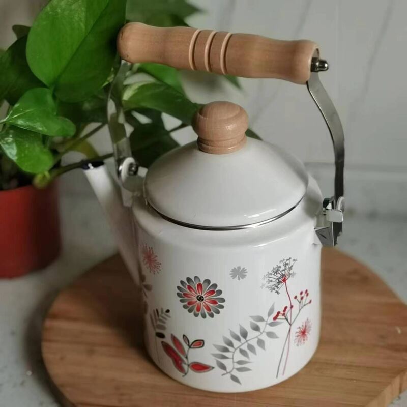 Thickness 0.8mm Enamel Cooling Kettle With Wooden Handle Capacity Variants 1200ml And 2000ml Included
