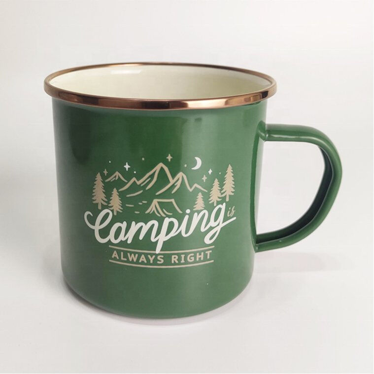 304 Stainless Steel Rim Carbon Steel Enamel Coffee Milk Mugs Custom Decal Completed with Durable C Shape Handle