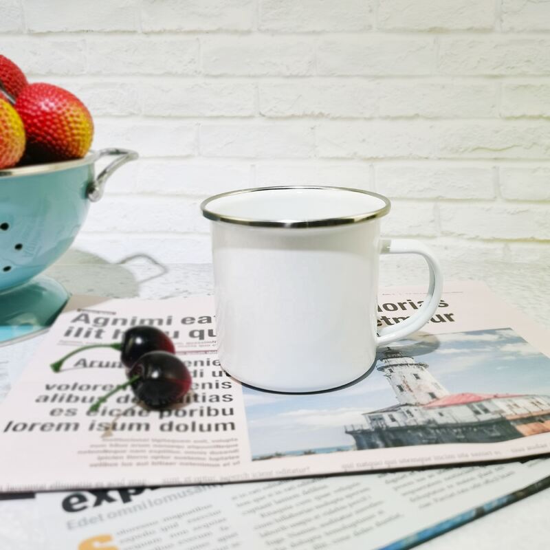 304 Stainless Steel Rim Carbon Steel Enamel Coffee Milk Mugs Custom Decal Completed with Durable C Shape Handle