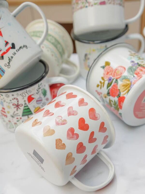 Eco Friendly Natural Custom Handmade Coffee Mug Tea Drinking Cups Enamel Coating Double Coating Carbon Steel Cup Handle