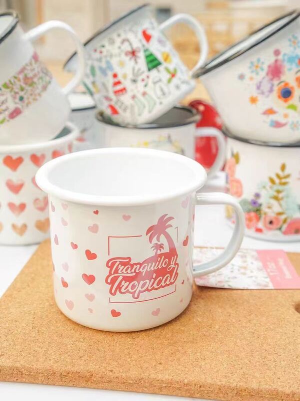 Eco Friendly Natural Custom Handmade Coffee Mug Tea Drinking Cups Enamel Coating Double Coating Carbon Steel Cup Handle