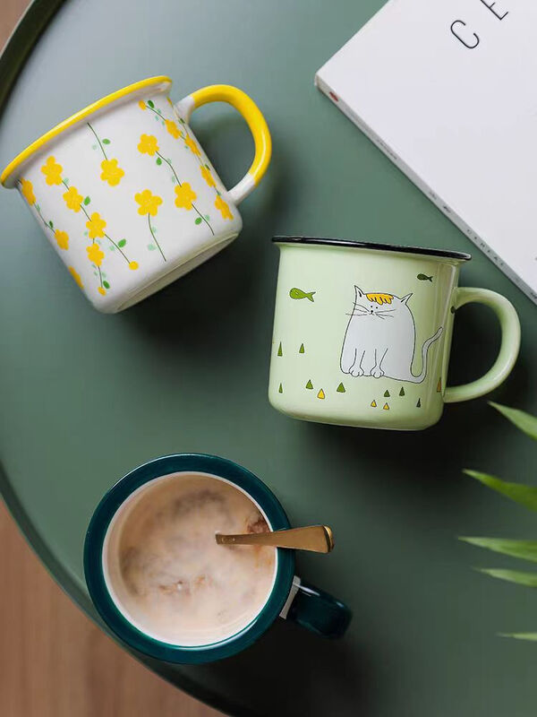 Eco Friendly Natural Custom Handmade Coffee Mug Tea Drinking Cups Enamel Coating Double Coating Carbon Steel Cup Handle