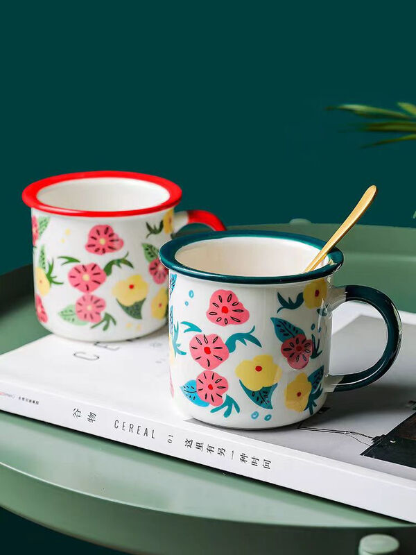 Eco Friendly Natural Custom Handmade Coffee Mug Tea Drinking Cups Enamel Coating Double Coating Carbon Steel Cup Handle