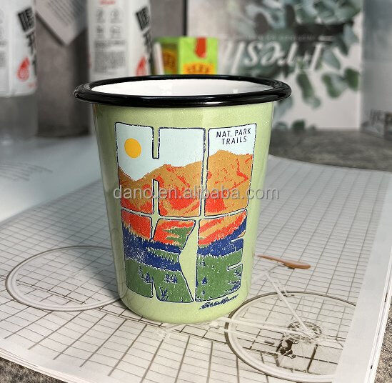 Customized Color Enamel Mug Double Coating 12oz 17oz Custom Logo Printing Camping Coffee Tea Mug Cups Collection