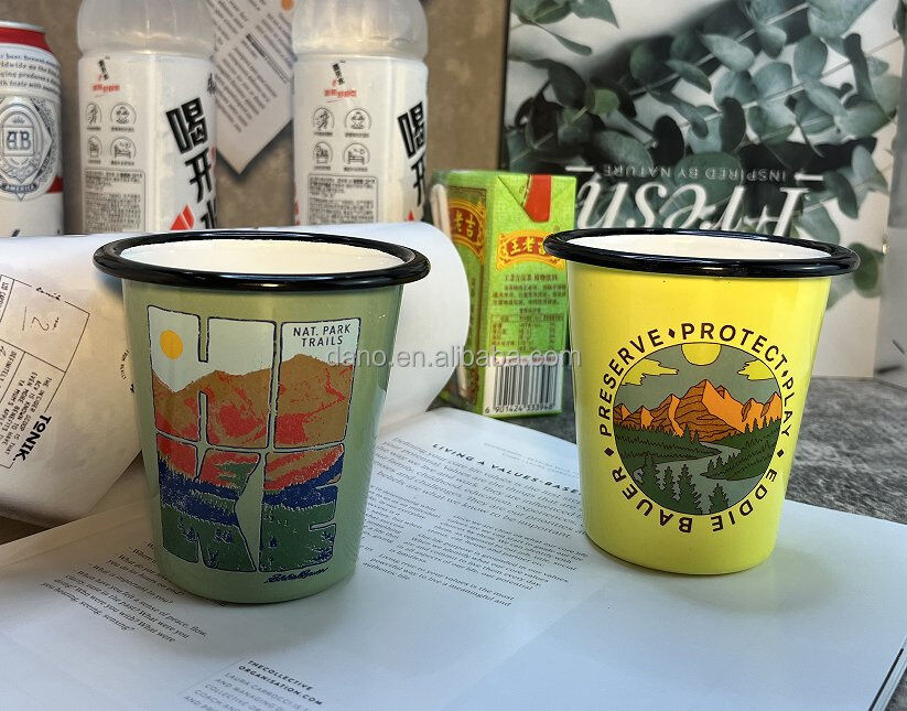 Customized Color Enamel Mug Double Coating 12oz 17oz Custom Logo Printing Camping Coffee Tea Mug Cups Collection
