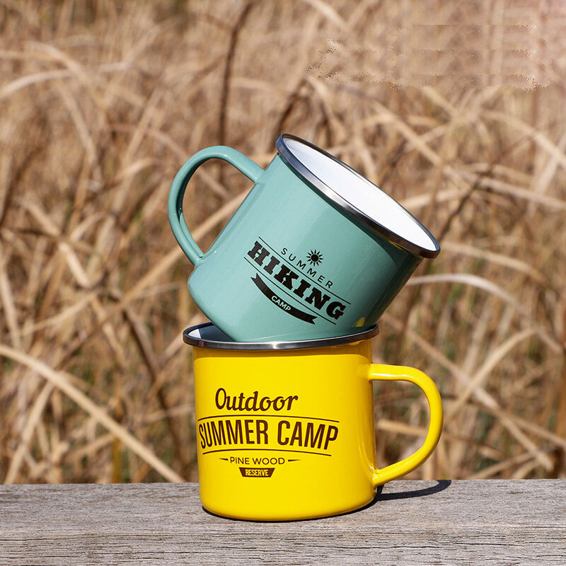 Enamel Coating Double Coating Custom Logo Metal Steel Mug with High Temperature Logo Printing and Decal Included
