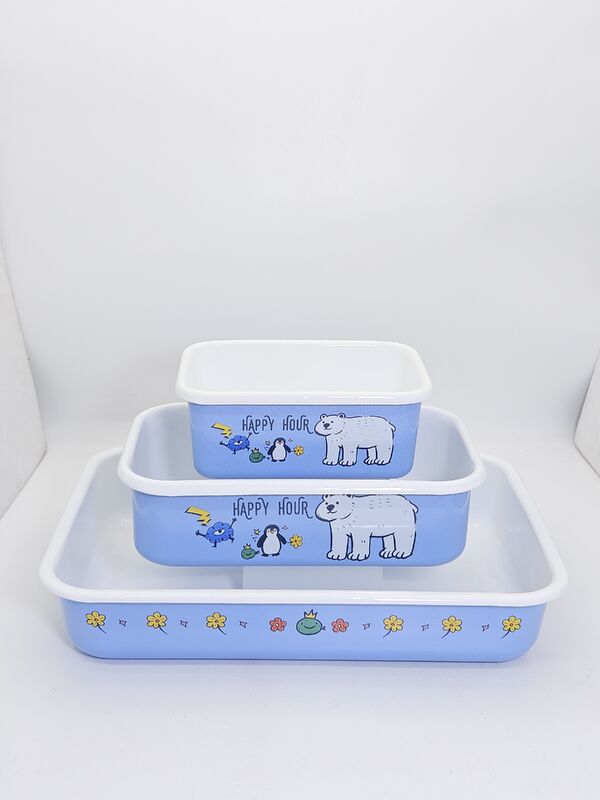 Soft Blue Cute Polar Bear Penguin Print Rectangular Enamel Storage Bowl Oven Safe Enamel Food Container For Baking And Fridge Storage