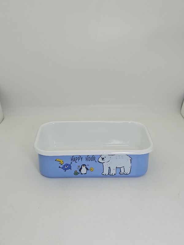 25cm Light Blue Arctic Animal Printed Rectangular Enamel Container Oven Safe Enamel Baking Bowl For Fridge Storage Food Preparation