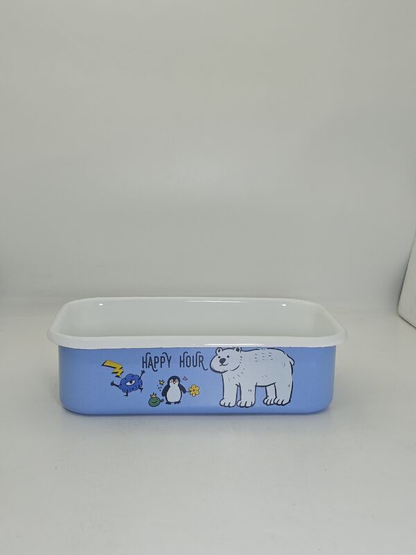 25cm Light Blue Arctic Animal Printed Rectangular Enamel Container Oven Safe Enamel Baking Bowl For Fridge Storage Food Preparation