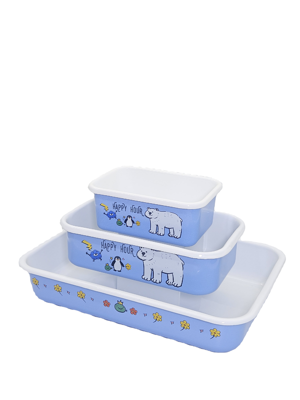 Wholesale 35cm Light Blue Floral Frog Print Rectangular Enamel Baking Tray Oven Safe Enamel Container For Baking Fridge Storage