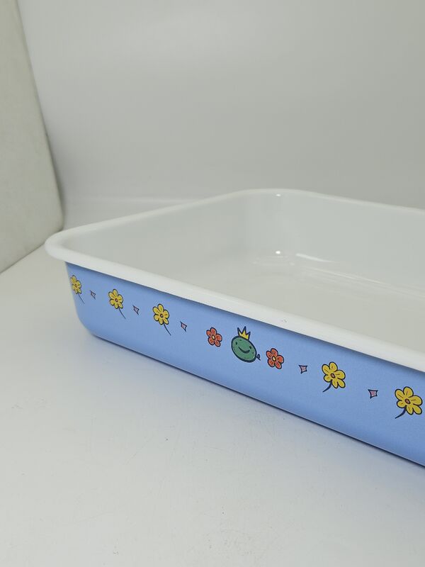 Wholesale 35cm Light Blue Floral Frog Print Rectangular Enamel Baking Tray Oven Safe Enamel Container For Baking Fridge Storage
