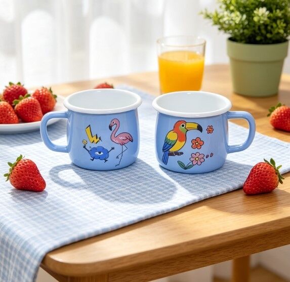 7cm Light Blue Tropical Bird Floral Print Enamel Mug White Rim Enamel Coffee Tea Cup Stackable Daily Enamel Drinkware