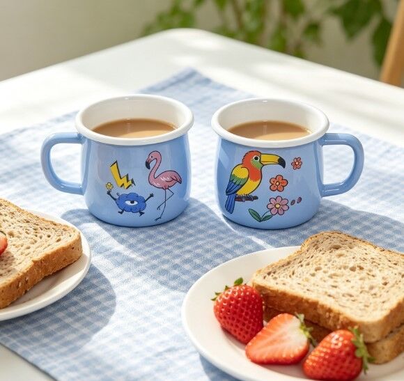 7cm Light Blue Tropical Bird Floral Print Enamel Mug White Rim Enamel Coffee Tea Cup Stackable Daily Enamel Drinkware