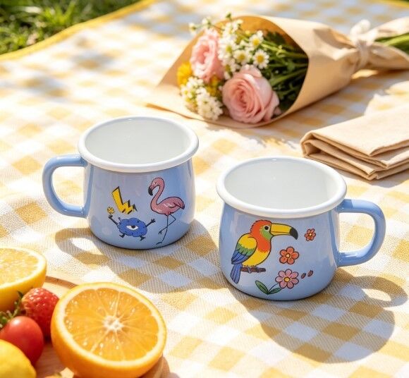 7cm Light Blue Tropical Bird Floral Print Enamel Mug White Rim Enamel Coffee Tea Cup Stackable Daily Enamel Drinkware