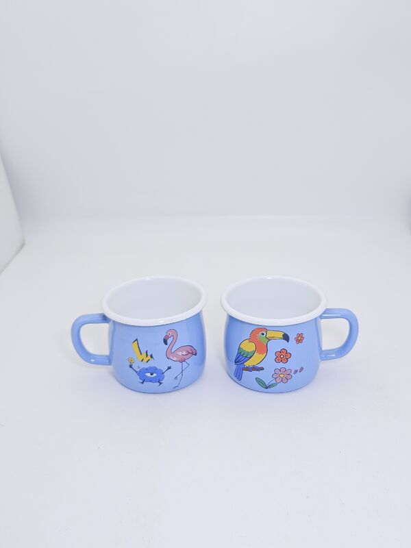 7cm Light Blue Tropical Bird Floral Print Enamel Mug White Rim Enamel Coffee Tea Cup Stackable Daily Enamel Drinkware