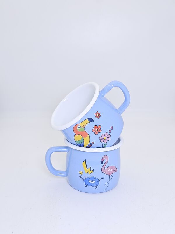 7cm Light Blue Tropical Bird Floral Print Enamel Mug White Rim Enamel Coffee Tea Cup Stackable Daily Enamel Drinkware