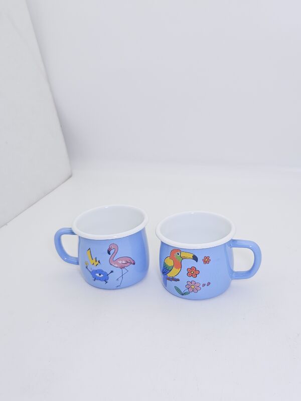 7cm Light Blue Tropical Bird Floral Print Enamel Mug White Rim Enamel Coffee Tea Cup Stackable Daily Enamel Drinkware