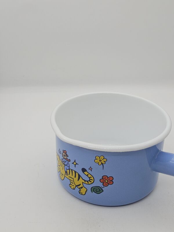 14cm Soft Blue Cartoon Tiger Print Enamel Milk Pot With Wooden Handle Enamel Saucepan For Milk Heating Baby Food Cooking