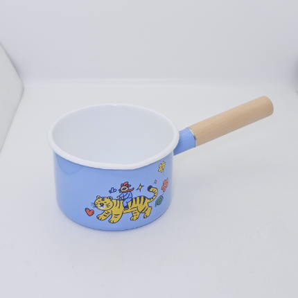 14cm Soft Blue Cartoon Tiger Print Enamel Milk Pot With Wooden Handle Enamel Saucepan For Milk Heating Baby Food Cooking