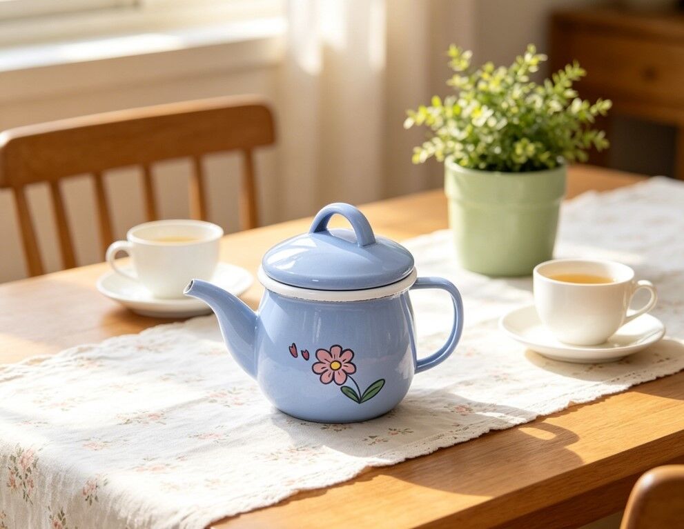 Pastel Blue Cute Floral Heart Print Mini Enamel Teapot With Lid Small Enamel Coffee Pot For Home Beverage Brewing Storage