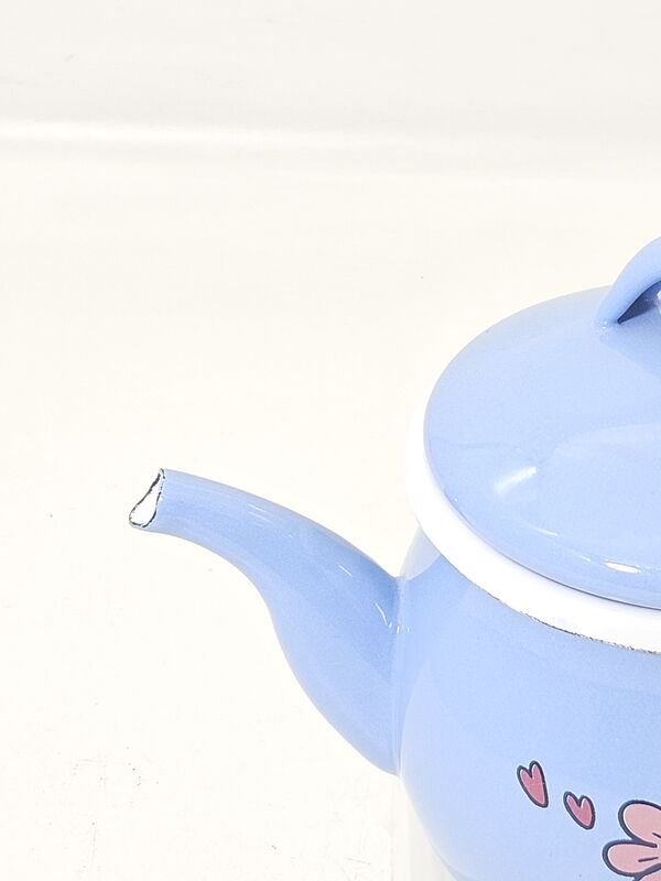 Pastel Blue Cute Floral Heart Print Mini Enamel Teapot With Lid Small Enamel Coffee Pot For Home Beverage Brewing Storage