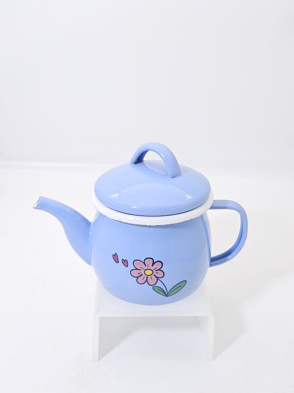 Pastel Blue Cute Floral Heart Print Mini Enamel Teapot With Lid Small Enamel Coffee Pot For Home Beverage Brewing Storage