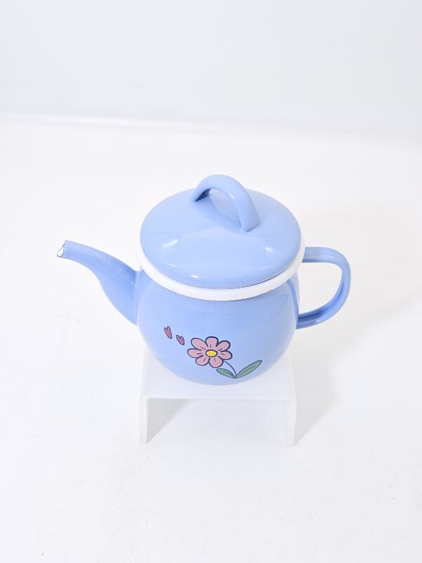 Pastel Blue Cute Floral Heart Print Mini Enamel Teapot With Lid Small Enamel Coffee Pot For Home Beverage Brewing Storage