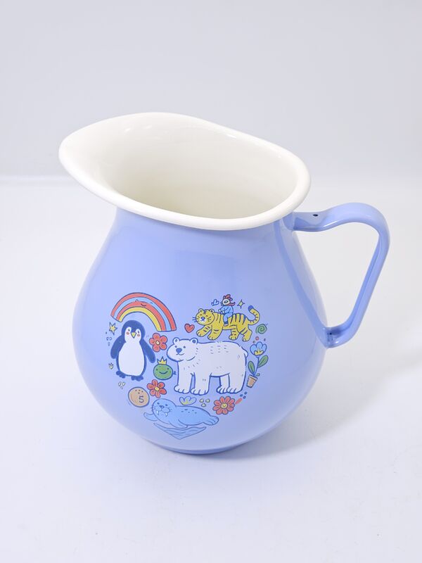 Pastel Blue Cartoon Animal Print Belly Shaped Enamel Pitcher Classic Enamel Kettle Enamel Tableware For Milk Storage