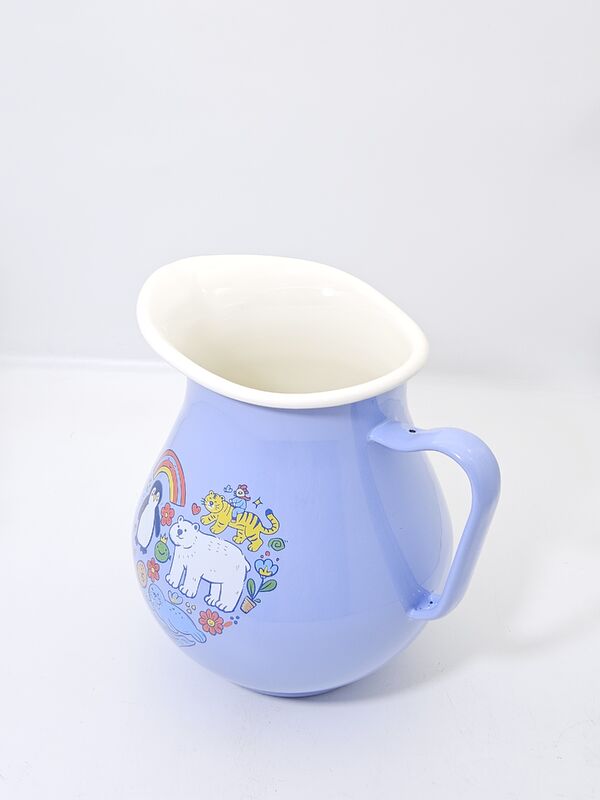 Pastel Blue Cartoon Animal Print Belly Shaped Enamel Pitcher Classic Enamel Kettle Enamel Tableware For Milk Storage