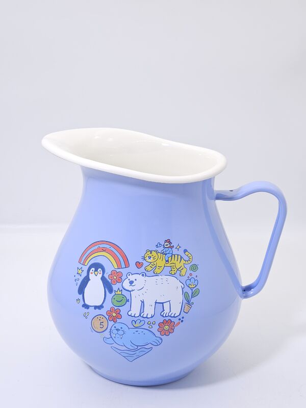 Pastel Blue Cartoon Animal Print Belly Shaped Enamel Pitcher Classic Enamel Kettle Enamel Tableware For Milk Storage